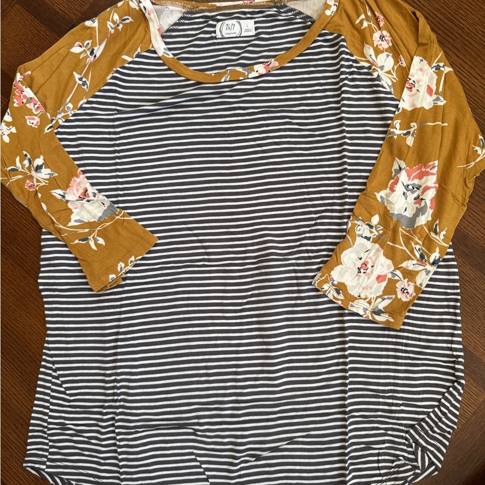 Maurices Mustard Floral and Black Striped Top